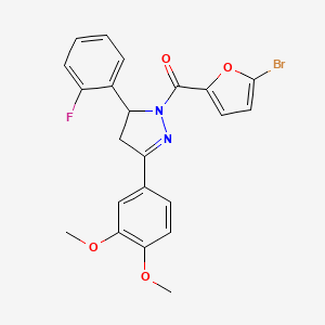 molecular formula C22H18BrFN2O4 B2639156 (5-Bromofuran-2-yl)-[5-(3,4-dimethoxyphenyl)-3-(2-fluorophenyl)-3,4-dihydropyrazol-2-yl]methanone CAS No. 402950-76-9