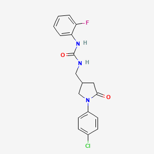 molecular formula C18H17ClFN3O2 B2639206 1-((1-(4-Chlorophenyl)-5-oxopyrrolidin-3-yl)methyl)-3-(2-fluorophenyl)urea CAS No. 955237-78-2