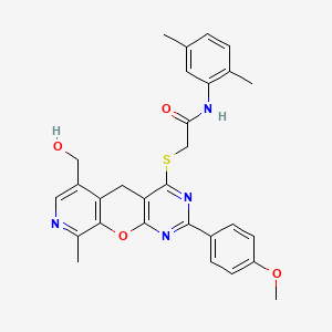 molecular formula C29H28N4O4S B2639252 N-(2,5-dimethylphenyl)-2-((6-(hydroxymethyl)-2-(4-methoxyphenyl)-9-methyl-5H-pyrido[4',3':5,6]pyrano[2,3-d]pyrimidin-4-yl)thio)acetamide CAS No. 867040-61-7