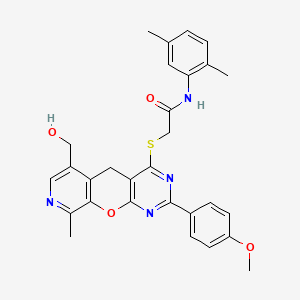 N-(2,5-dimethylphenyl)-2-[[11-(hydroxymethyl)-5-(4-methoxyphenyl)-14-methyl-2-oxa-4,6,13-triazatricyclo[8.4.0.03,8]tetradeca-1(10),3(8),4,6,11,13-hexaen-7-yl]sulfanyl]acetamide