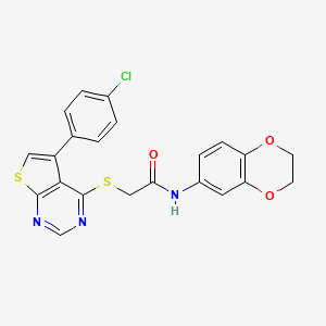 molecular formula C22H16ClN3O3S2 B2639298 2-[5-(4-chlorophenyl)thieno[2,3-d]pyrimidin-4-yl]sulfanyl-N-(2,3-dihydro-1,4-benzodioxin-6-yl)acetamide CAS No. 587004-93-1
