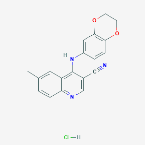 molecular formula C19H16ClN3O2 B2639323 盐酸4-((2,3-二氢苯并[b][1,4]二氧杂环-6-基)氨基)-6-甲基喹啉-3-腈 CAS No. 1323330-63-7