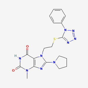 molecular formula C19H21N9O2S B2639428 3-methyl-7-(2-((1-phenyl-1H-tetrazol-5-yl)thio)ethyl)-8-(pyrrolidin-1-yl)-1H-purine-2,6(3H,7H)-dione CAS No. 501352-28-9