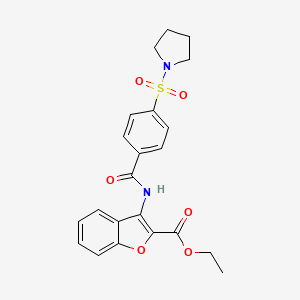 molecular formula C22H22N2O6S B2639529 Ethyl 3-(4-(pyrrolidin-1-ylsulfonyl)benzamido)benzofuran-2-carboxylate CAS No. 477500-02-0
