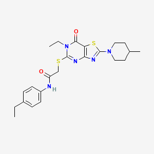molecular formula C23H29N5O2S2 B2639553 2-{[6-ethyl-2-(4-methylpiperidino)-7-oxo-6,7-dihydro[1,3]thiazolo[4,5-d]pyrimidin-5-yl]sulfanyl}-N~1~-(4-ethylphenyl)acetamide CAS No. 1207035-03-7