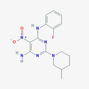 molecular formula C16H19FN6O2 B2639554 [6-氨基-2-(3-甲基哌啶基)-5-硝基嘧啶-4-基](2-氟苯基)胺 CAS No. 713126-62-6
