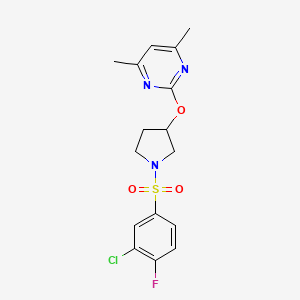 molecular formula C16H17ClFN3O3S B2639568 2-((1-((3-Chloro-4-fluorophenyl)sulfonyl)pyrrolidin-3-yl)oxy)-4,6-dimethylpyrimidine CAS No. 2034359-70-9