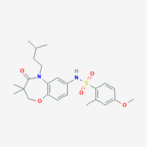 molecular formula C24H32N2O5S B2639573 N-(5-isopentyl-3,3-dimethyl-4-oxo-2,3,4,5-tetrahydrobenzo[b][1,4]oxazepin-7-yl)-4-methoxy-2-methylbenzenesulfonamide CAS No. 922005-59-2