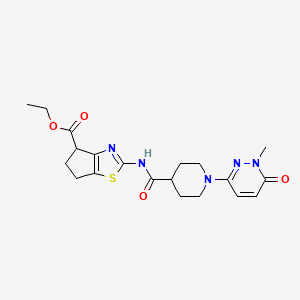 molecular formula C20H25N5O4S B2639610 2-(1-(1-甲基-6-氧代-1,6-二氢吡啶并[3,4-b]嘧啶-3-基)哌啶-4-甲酰胺)-5,6-二氢-4H-环戊并[d]噻唑-4-甲酸乙酯 CAS No. 1797958-45-2