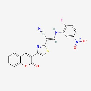 molecular formula C21H11FN4O4S B2639620 (E)-3-((2-氟-5-硝基苯基)氨基)-2-(4-(2-氧代-2H-色烯-3-基)噻唑-2-基)丙烯腈 CAS No. 477298-19-4