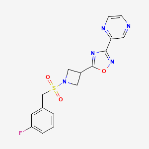 molecular formula C16H14FN5O3S B2639635 5-(1-((3-Fluorobenzyl)sulfonyl)azetidin-3-yl)-3-(pyrazin-2-yl)-1,2,4-oxadiazole CAS No. 1324680-02-5