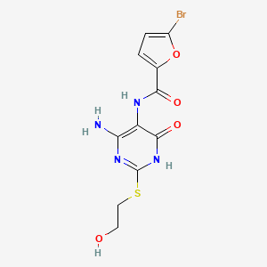 molecular formula C11H11BrN4O4S B2639652 N-(4-amino-2-((2-hydroxyethyl)thio)-6-oxo-1,6-dihydropyrimidin-5-yl)-5-bromofuran-2-carboxamide CAS No. 888426-05-9