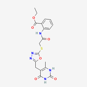 Ethyl 2-(2-((5-((6-methyl-2,4-dioxo-1,2,3,4-tetrahydropyrimidin-5-yl)methyl)-1,3,4-oxadiazol-2-yl)thio)acetamido)benzoate