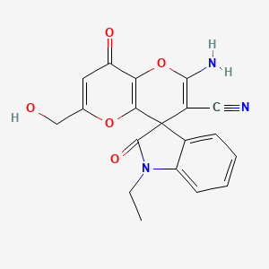 molecular formula C19H15N3O5 B2639699 2'-氨基-1-乙基-6'-(羟甲基)-2,8'-二氧代螺[吲哚-3,4'-吡喃[3,2-b]吡喃]-3'-腈 CAS No. 626228-61-3