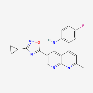 molecular formula C20H16FN5O B2639722 3-(3-cyclopropyl-1,2,4-oxadiazol-5-yl)-N-(4-fluorophenyl)-7-methyl-1,8-naphthyridin-4-amine CAS No. 1251681-32-9