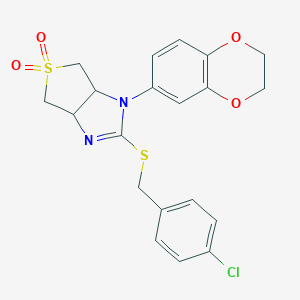 molecular formula C20H19ClN2O4S2 B263976 2-[(4-chlorobenzyl)sulfanyl]-1-(2,3-dihydro-1,4-benzodioxin-6-yl)-3a,4,6,6a-tetrahydro-1H-thieno[3,4-d]imidazole 5,5-dioxide 