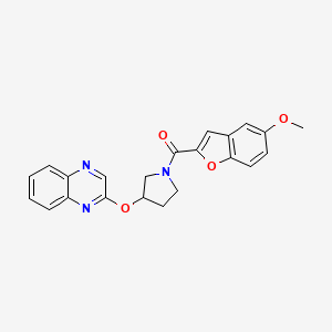 molecular formula C22H19N3O4 B2639815 2-{[1-(5-Methoxy-1-benzofuran-2-carbonyl)pyrrolidin-3-yl]oxy}quinoxaline CAS No. 2097928-56-6
