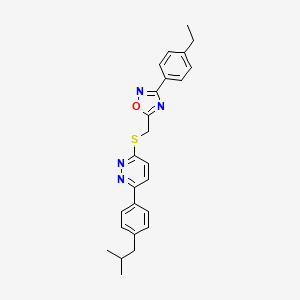 molecular formula C25H26N4OS B2639830 3-(4-Ethylphenyl)-5-(((6-(4-isobutylphenyl)pyridazin-3-yl)thio)methyl)-1,2,4-oxadiazole CAS No. 1112444-57-1