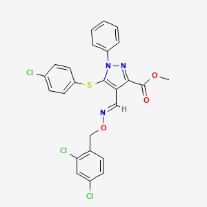 molecular formula C25H18Cl3N3O3S B2639952 methyl 5-[(4-chlorophenyl)sulfanyl]-4-({[(2,4-dichlorobenzyl)oxy]imino}methyl)-1-phenyl-1H-pyrazole-3-carboxylate CAS No. 400077-38-5