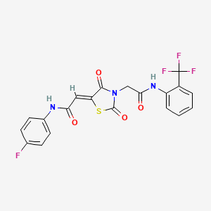 molecular formula C20H13F4N3O4S B2639956 (Z)-2-(2,4-dioxo-3-(2-oxo-2-((2-(trifluoromethyl)phenyl)amino)ethyl)thiazolidin-5-ylidene)-N-(4-fluorophenyl)acetamide CAS No. 781656-67-5