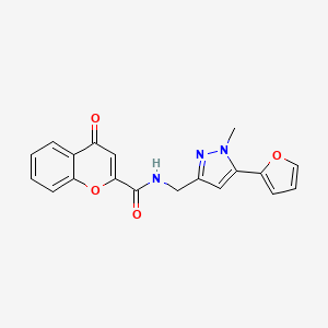 molecular formula C19H15N3O4 B2640054 N-((5-(furan-2-yl)-1-methyl-1H-pyrazol-3-yl)methyl)-4-oxo-4H-chromene-2-carboxamide CAS No. 1421523-24-1