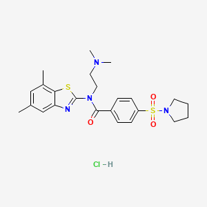 molecular formula C24H31ClN4O3S2 B2640071 盐酸N-(2-(二甲氨基)乙基)-N-(5,7-二甲基苯并[d]噻唑-2-基)-4-(吡咯烷-1-磺酰基)苯甲酰胺 CAS No. 1216804-25-9