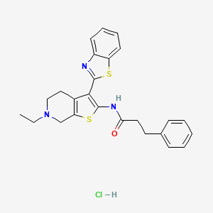 molecular formula C25H26ClN3OS2 B2640117 N-(3-(benzo[d]thiazol-2-yl)-6-ethyl-4,5,6,7-tetrahydrothieno[2,3-c]pyridin-2-yl)-3-phenylpropanamide hydrochloride CAS No. 1189998-24-0