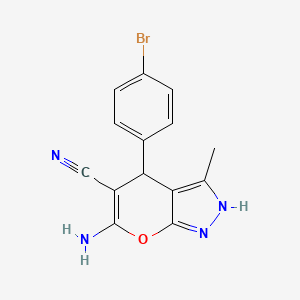 molecular formula C14H11BrN4O B2640139 6-Amino-4-(4-bromophenyl)-3-methyl-1,4-dihydropyrano[2,3-c]pyrazole-5-carbonitrile CAS No. 89607-40-9