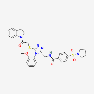 molecular formula C31H32N6O5S2 B2640156 N-[[5-[2-(2,3-dihydroindol-1-yl)-2-oxoethyl]sulfanyl-4-(2-methoxyphenyl)-1,2,4-triazol-3-yl]methyl]-4-pyrrolidin-1-ylsulfonylbenzamide CAS No. 310449-25-3