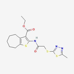molecular formula C17H21N3O3S3 B2640188 2-{2-[(5-甲基-1,3,4-噻二唑-2-基)硫代]乙酰氨基}-4H,5H,6H,7H,8H-环庚[b]噻吩-3-羧酸乙酯 CAS No. 511282-14-7