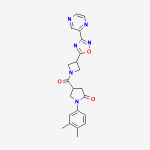 molecular formula C22H22N6O3 B2640232 1-(3,4-Dimethylphenyl)-4-(3-(3-(pyrazin-2-yl)-1,2,4-oxadiazol-5-yl)azetidine-1-carbonyl)pyrrolidin-2-one CAS No. 1324108-32-8