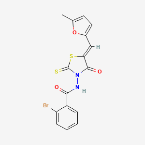molecular formula C16H11BrN2O3S2 B2640259 2-溴-N-[(5Z)-5-[(5-甲基呋喃-2-基)亚甲基]-4-氧代-2-硫代亚甲基-1,3-噻唑烷-3-基]苯甲酰胺 CAS No. 314746-58-2