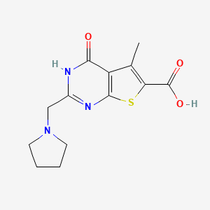 molecular formula C13H15N3O3S B2640283 5-Methyl-4-oxo-2-(pyrrolidin-1-ylmethyl)-3,4-dihydrothieno[2,3-d]pyrimidine-6-carboxylic acid CAS No. 878259-40-6