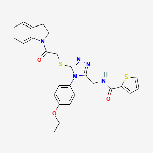 molecular formula C26H25N5O3S2 B2640317 N-((4-(4-ethoxyphenyl)-5-((2-(indolin-1-yl)-2-oxoethyl)thio)-4H-1,2,4-triazol-3-yl)methyl)thiophene-2-carboxamide CAS No. 310449-60-6