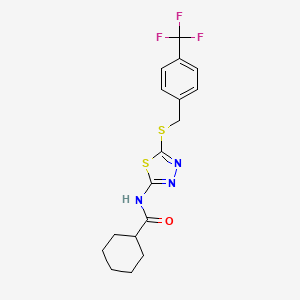 molecular formula C17H18F3N3OS2 B2640326 N-(5-((4-(trifluoromethyl)benzyl)thio)-1,3,4-thiadiazol-2-yl)cyclohexanecarboxamide CAS No. 392301-28-9