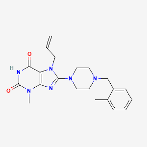molecular formula C21H26N6O2 B2640342 3-Methyl-8-[4-[(2-methylphenyl)methyl]piperazin-1-yl]-7-prop-2-enylpurine-2,6-dione CAS No. 878430-08-1