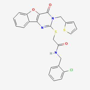 molecular formula C24H18ClN3O3S2 B2640365 N-(2-chlorobenzyl)-2-{[4-oxo-3-(thiophen-2-ylmethyl)-3,4-dihydro[1]benzofuro[3,2-d]pyrimidin-2-yl]sulfanyl}acetamide CAS No. 899754-77-9
