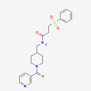 molecular formula C21H25N3O4S B2640591 N-((1-nicotinoylpiperidin-4-yl)methyl)-3-(phenylsulfonyl)propanamide CAS No. 1396849-74-3