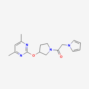 molecular formula C16H20N4O2 B2640773 1-(3-((4,6-二甲基嘧啶-2-基)氧基)吡咯烷-1-基)-2-(1H-吡咯-1-基)乙酮 CAS No. 2034475-62-0