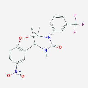 molecular formula C18H14F3N3O4 B2640797 2-methyl-8-nitro-3-(3-(trifluoromethyl)phenyl)-5,6-dihydro-2H-2,6-methanobenzo[g][1,3,5]oxadiazocin-4(3H)-one CAS No. 866016-24-2