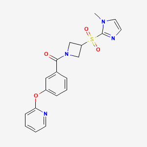 molecular formula C19H18N4O4S B2640849 (3-((1-methyl-1H-imidazol-2-yl)sulfonyl)azetidin-1-yl)(3-(pyridin-2-yloxy)phenyl)methanone CAS No. 2034490-32-7