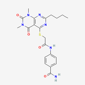 molecular formula C21H24N6O4S B2640859 4-(2-((2-Butyl-6,8-dimethyl-5,7-dioxo-5,6,7,8-tetrahydropyrimido[4,5-d]pyrimidin-4-yl)thio)acetamido)benzamide CAS No. 872608-39-4
