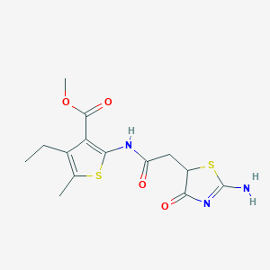molecular formula C14H17N3O4S2 B2640906 Methyl 4-ethyl-2-(2-(2-imino-4-oxothiazolidin-5-yl)acetamido)-5-methylthiophene-3-carboxylate CAS No. 937698-72-1