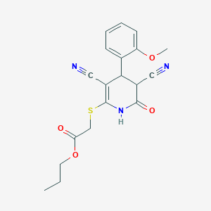 molecular formula C19H19N3O4S B2641126 propyl 2-[[3,5-dicyano-4-(2-methoxyphenyl)-2-oxo-3,4-dihydro-1H-pyridin-6-yl]sulfanyl]acetate CAS No. 375363-29-4