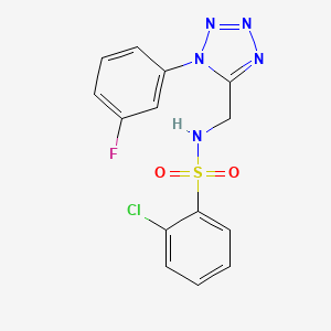 molecular formula C14H11ClFN5O2S B2641324 2-chloro-N-((1-(3-fluorophenyl)-1H-tetrazol-5-yl)methyl)benzenesulfonamide CAS No. 921083-72-9
