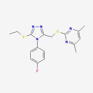 molecular formula C17H18FN5S2 B2641370 2-[[5-Ethylsulfanyl-4-(4-fluorophenyl)-1,2,4-triazol-3-yl]methylsulfanyl]-4,6-dimethylpyrimidine CAS No. 868222-38-2