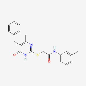 molecular formula C21H21N3O2S B2641411 2-[(5-苄基-4-羟基-6-甲基嘧啶-2-基)硫代]-N-(3-甲基苯基)乙酰胺 CAS No. 865429-04-5