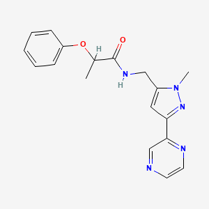 molecular formula C18H19N5O2 B2641424 N-((1-methyl-3-(pyrazin-2-yl)-1H-pyrazol-5-yl)methyl)-2-phenoxypropanamide CAS No. 2034602-82-7