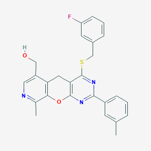 molecular formula C26H22FN3O2S B2641456 （7-（[（3-氟苯基）甲基]硫代）-14-甲基-5-（3-甲基苯基）-2-氧杂-4,6,13-三氮杂三环[8.4.0.0^{3,8}]十四-1（10）、3（8）、4、6、11、13-六烯-11-基）甲醇 CAS No. 892416-71-6