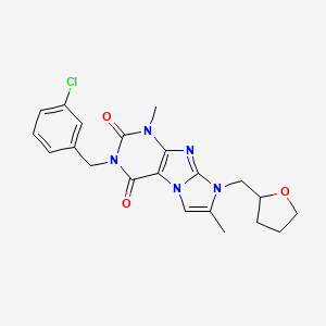 molecular formula C21H22ClN5O3 B2641570 2-[(3-Chlorophenyl)methyl]-4,7-dimethyl-6-(oxolan-2-ylmethyl)purino[7,8-a]imidazole-1,3-dione CAS No. 876673-89-1